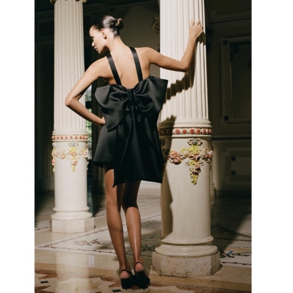 Zara black Bow trim voluminous satin effect mini dress
